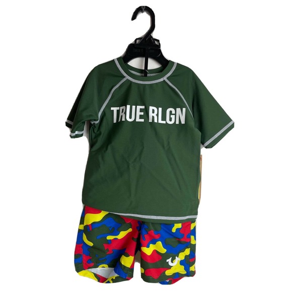 True Religion Olive Size 2T UPF 50+ Rash Guard Swim Trunk Set New $79 - Picture 1 of 10